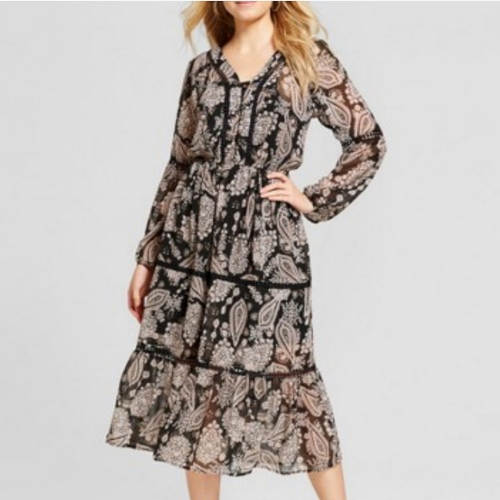 Milkmaid Prairie Midi Dress  Bohemian Cottagecore‎ Paisley Boho Over Size XS